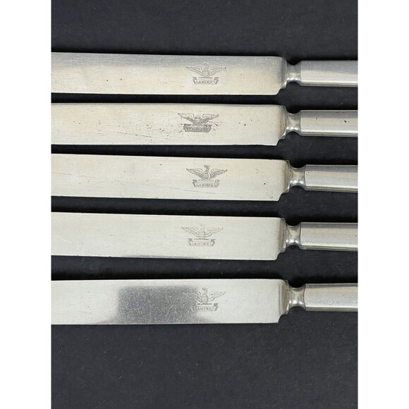 5 Antique Plated Handle by Landers with Eagle Logo Blunt Dinner Knife w/Patina - Picture 2 of 6